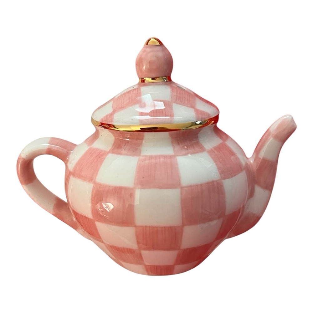 Mackenzie-Childs NWT in gift box gorgeous Rosy Check Teapot Salt & Pepper set - Picture 10 of 14